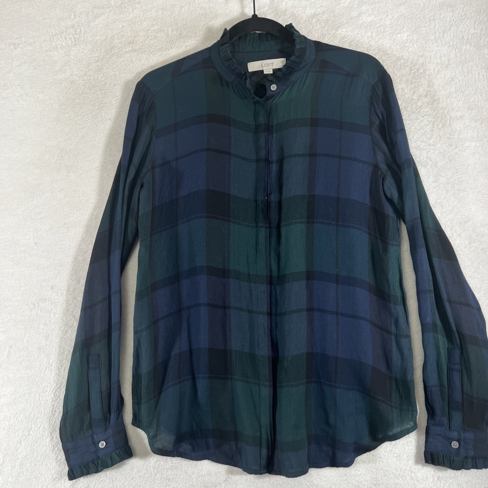 Loft Blue Green Tarten Plaid Ruffle Collar Cuff Button Up Shirt Woman's Small